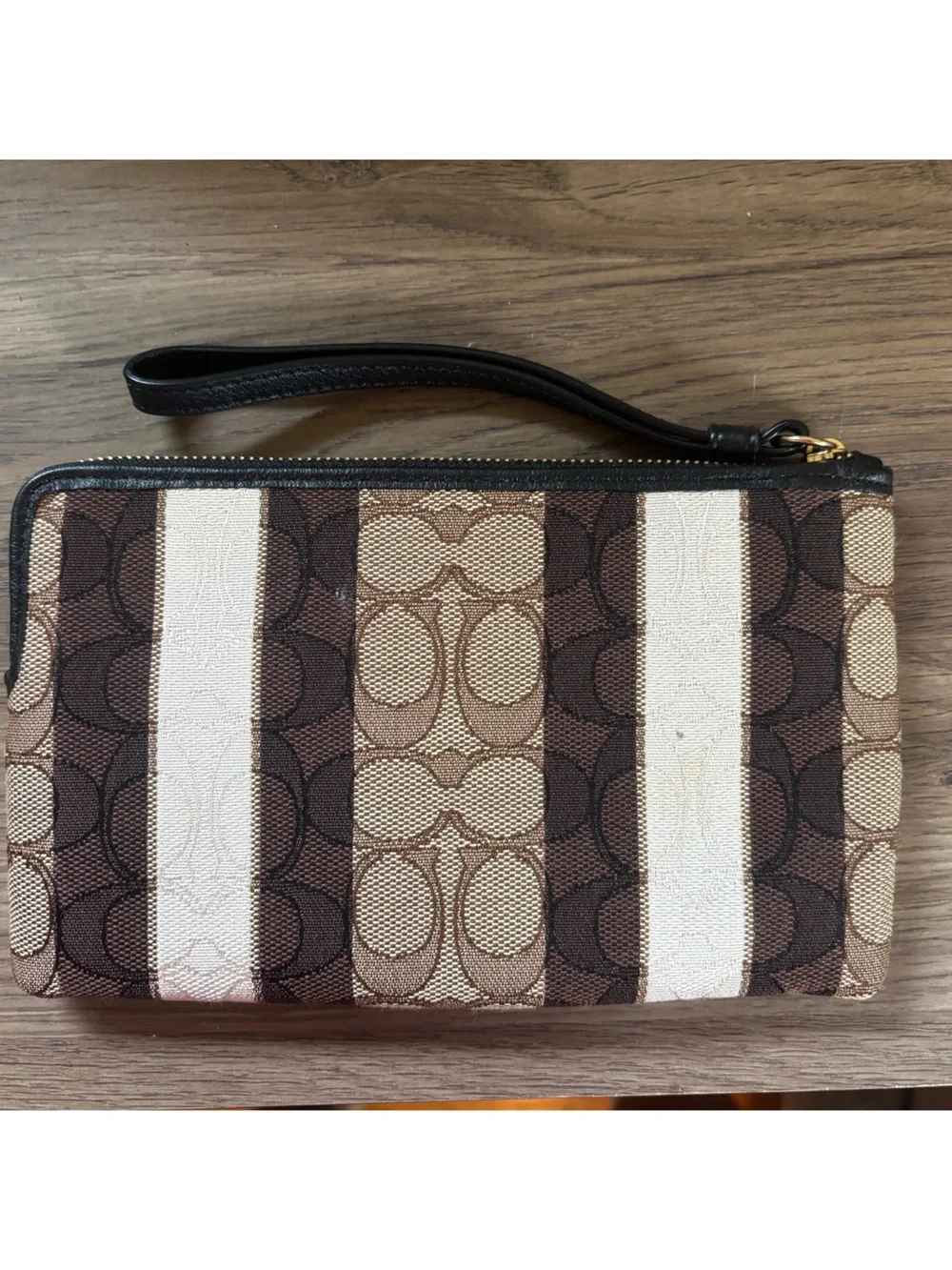Coach Striped Signature Canvas Wristlet - Brown, Cream & Black